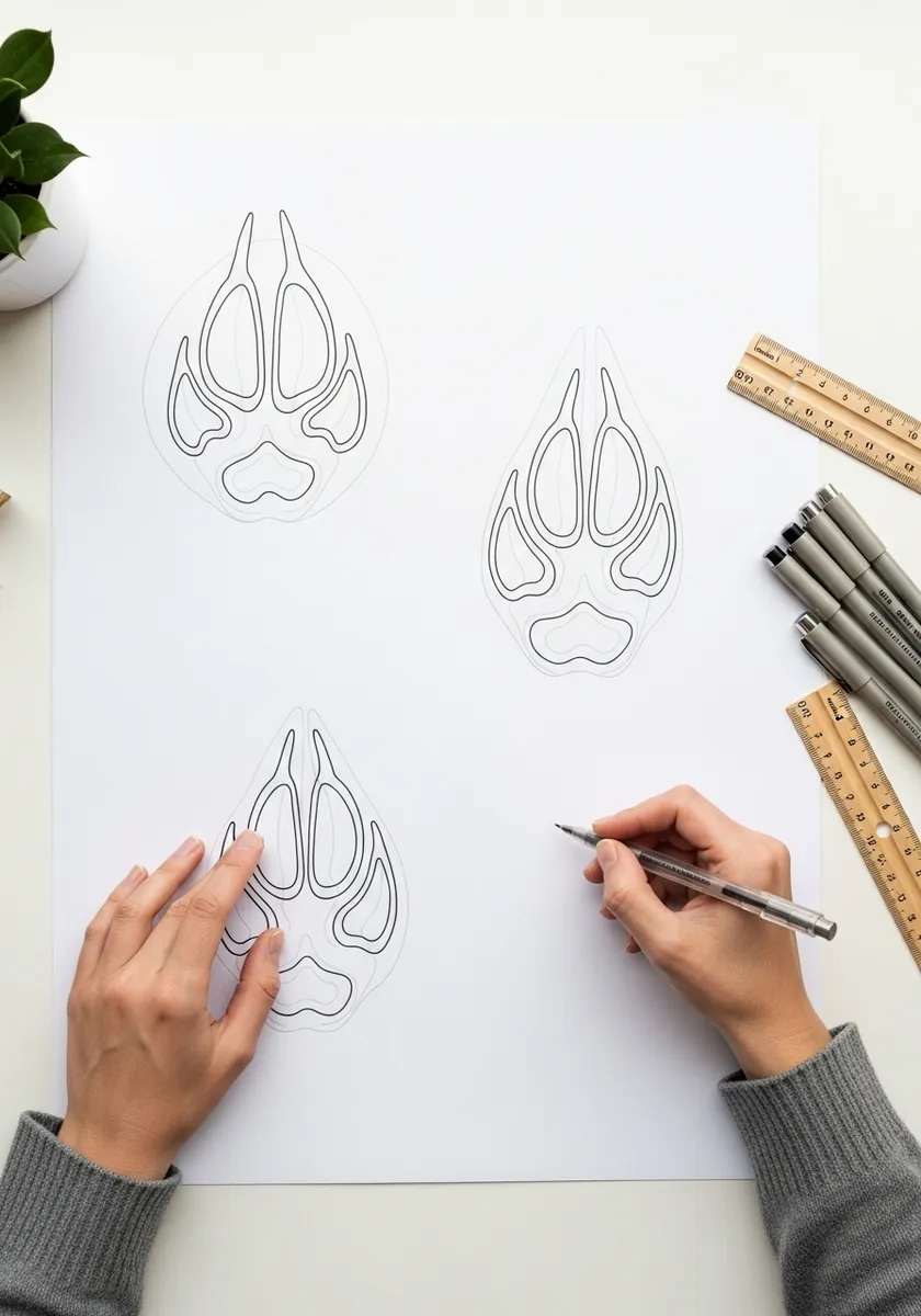 Clean outline drawings of three canine paw prints with no shading on white paper