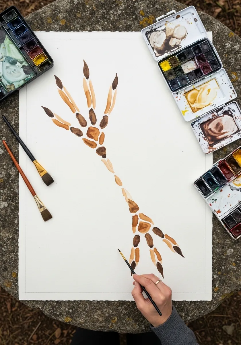 Large bird foot print painted in warm brown and ochre watercolor tones