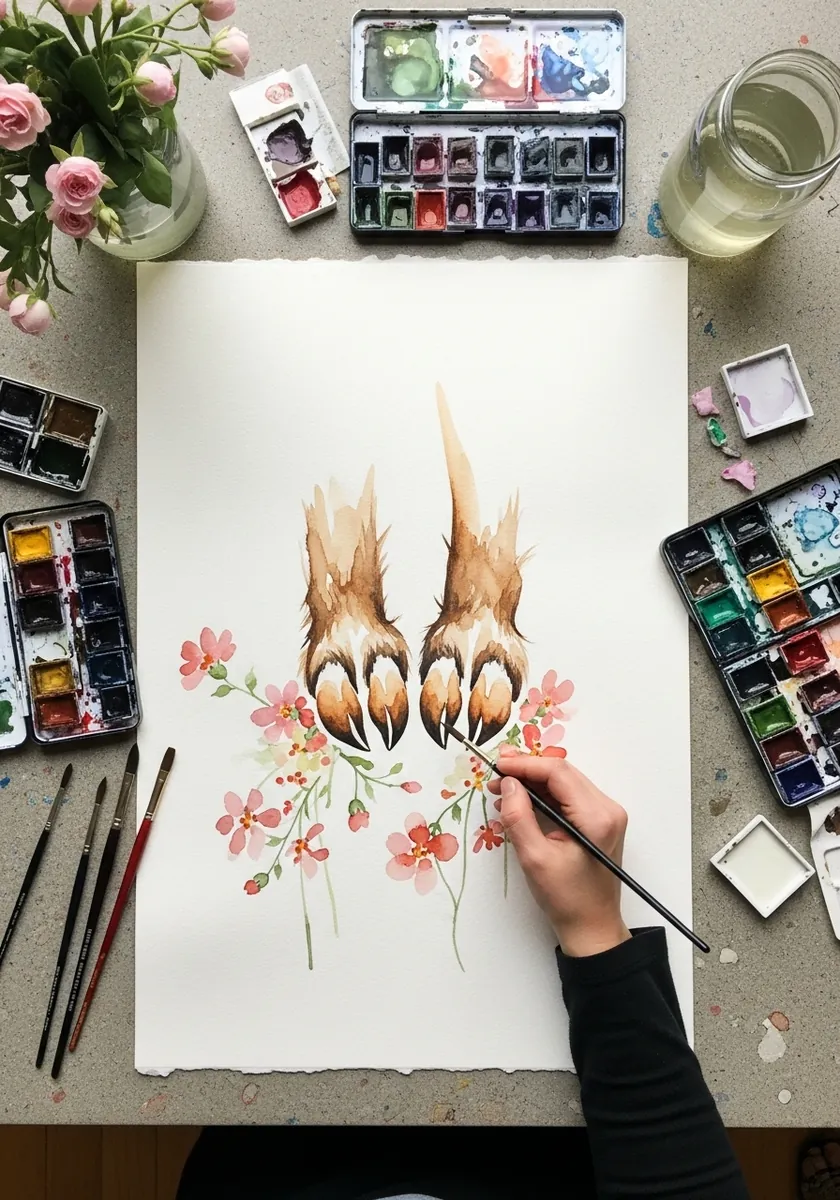Watercolor deer legs and cloven hooves surrounded by delicate pink blossoms