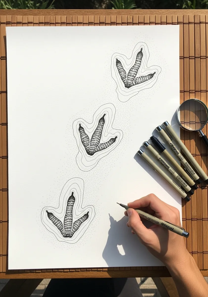 Fine ink three-toed bird tracks drawn with white sticker style outlines