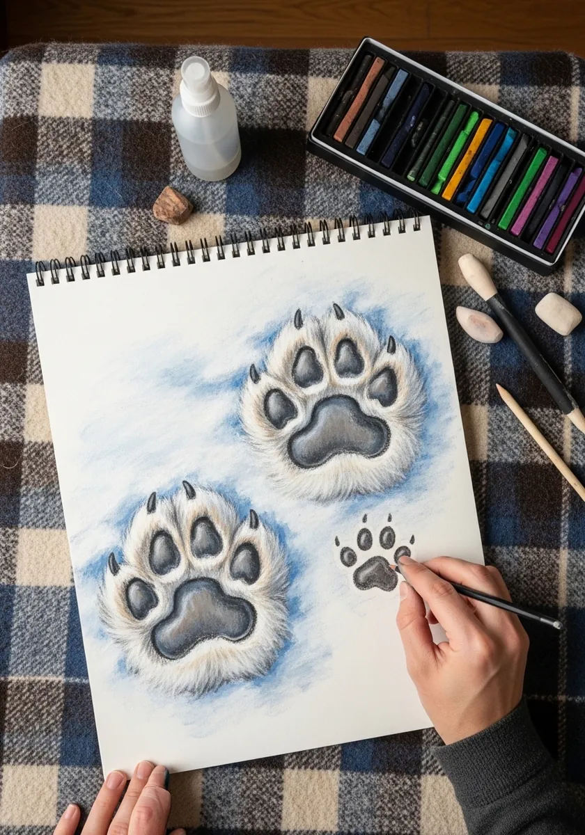 Soft pastel paw prints in snow with furry edges and blue shadow tones