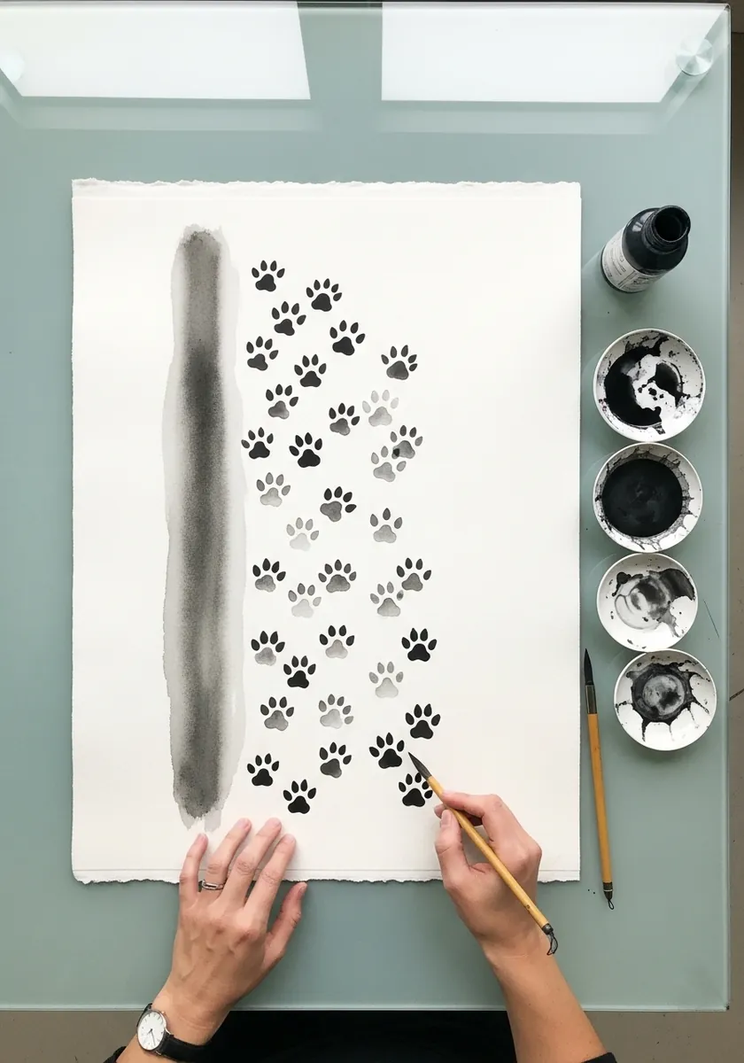 Many small ink paw prints running alongside a soft grey ink wash stripe