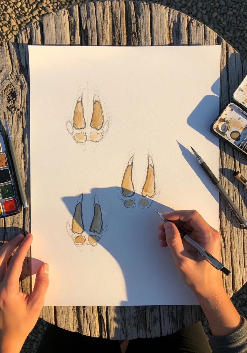Coloured pencil deer hoof prints in tan and grey shown from three angles