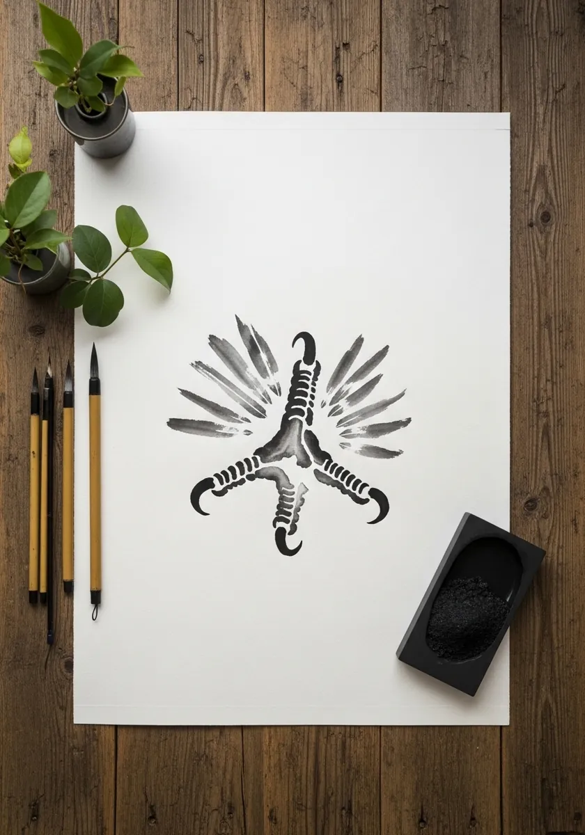 Brush and ink bird track surrounded by a fan of loose grey feather strokes