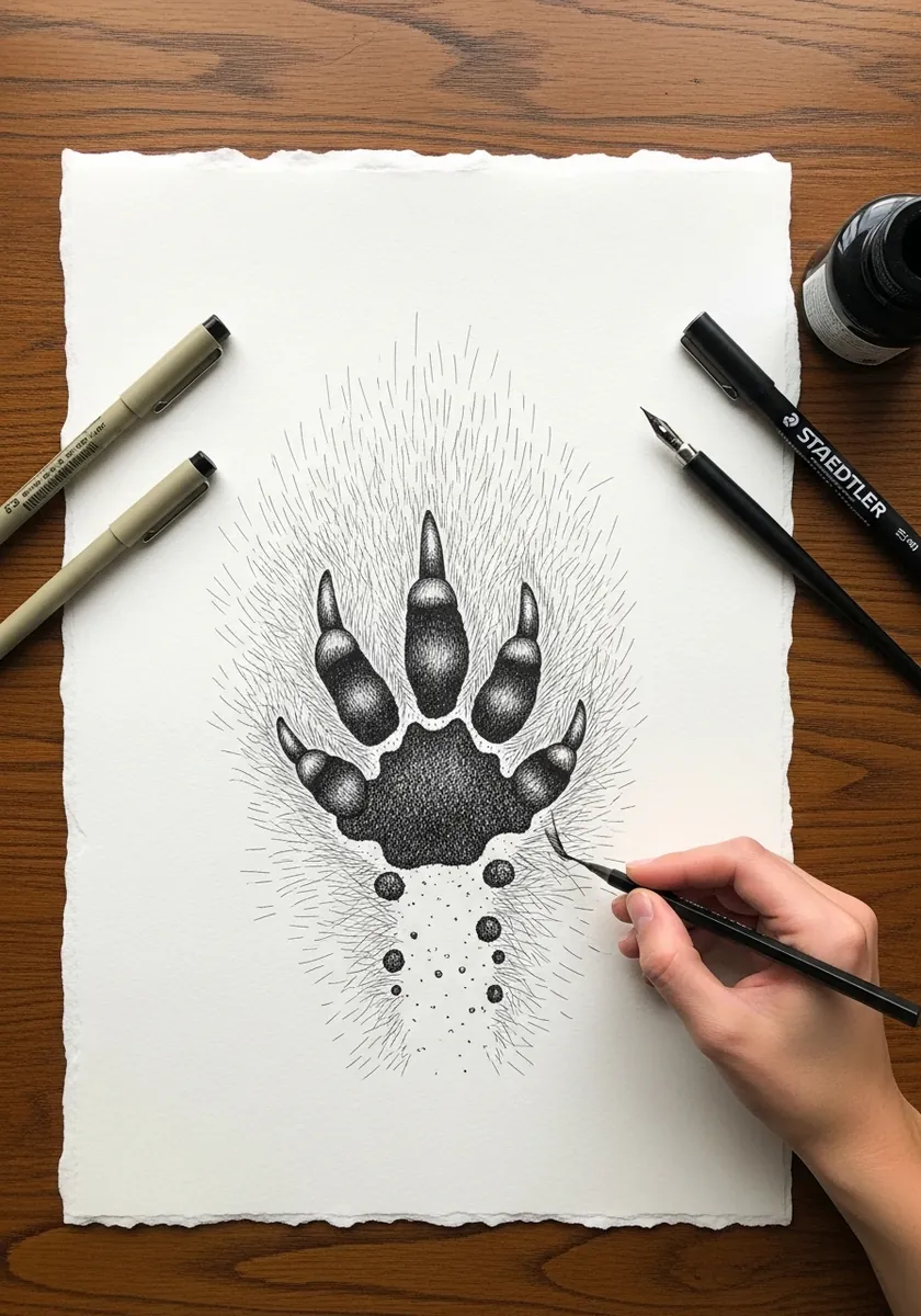 Fine stippled animal track surrounded by radiating hatch lines and small dots