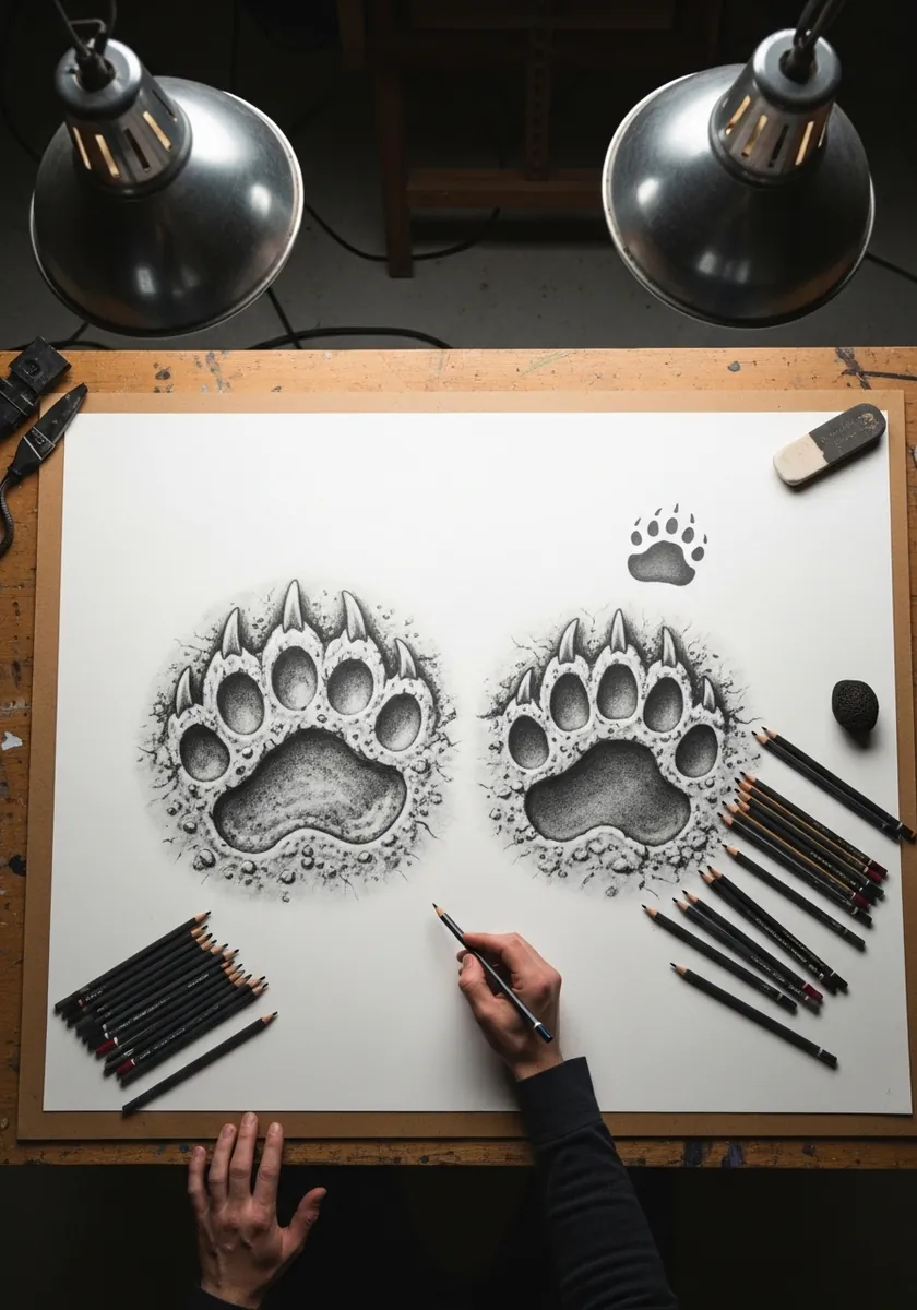 Two highly detailed graphite bear paw prints pressed into loose crumbly soil