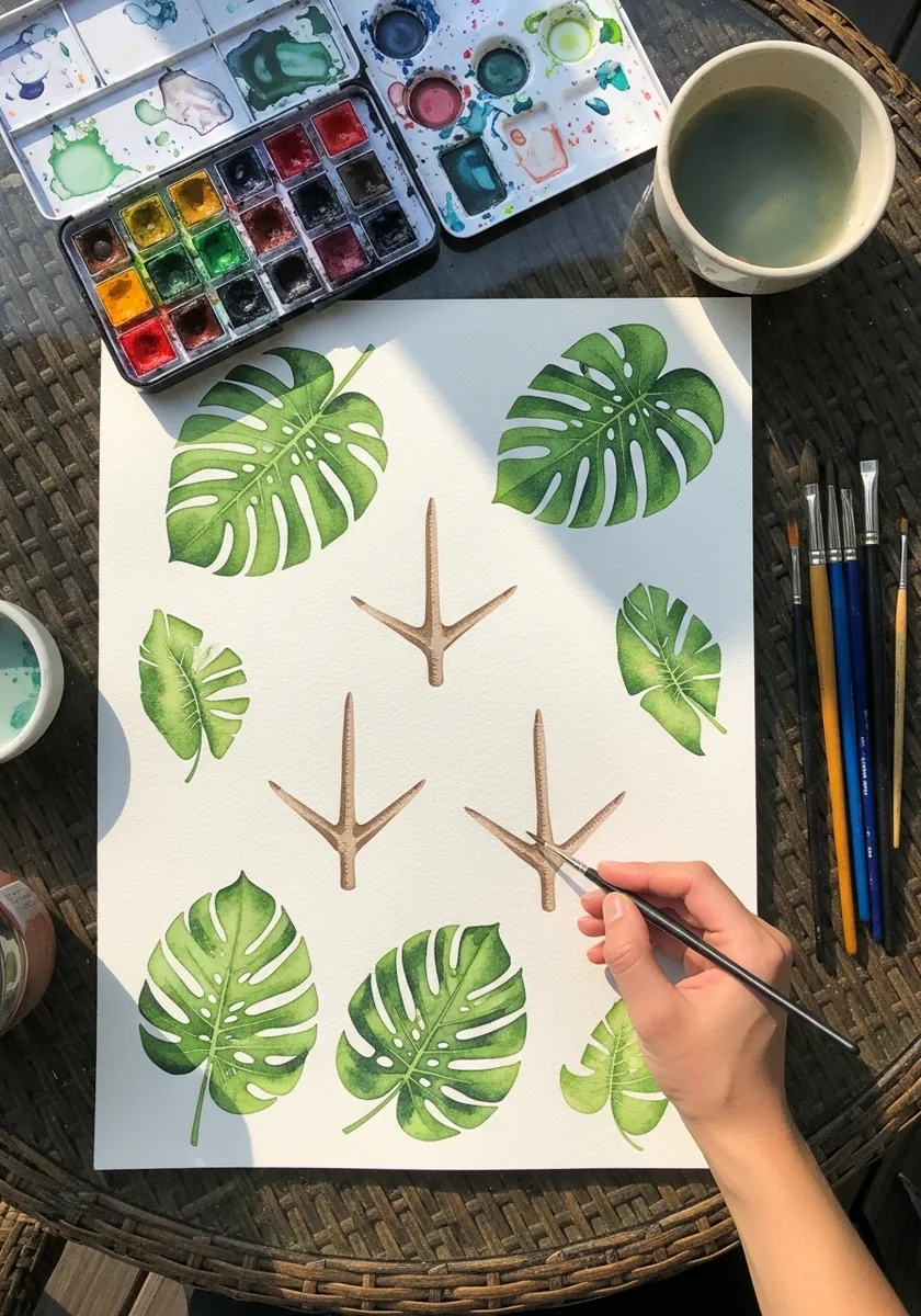Watercolor three-toed bird tracks surrounded by green monstera leaves