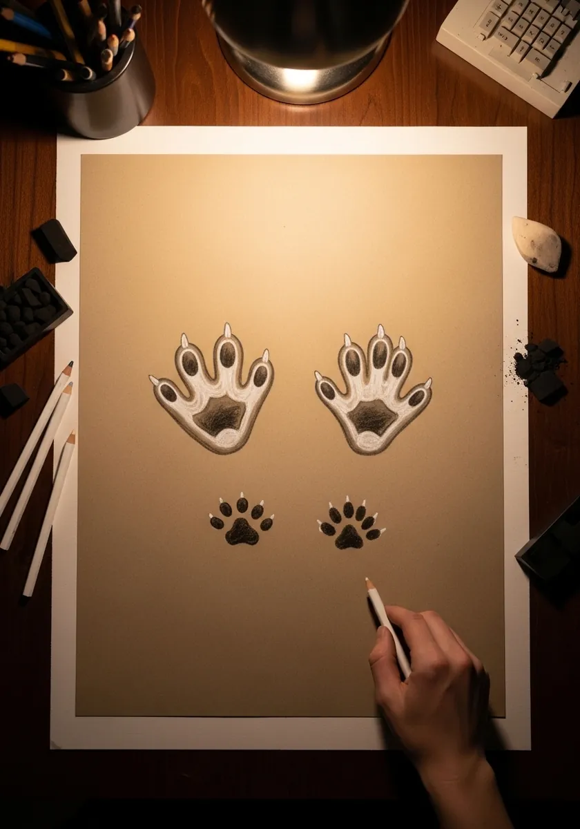 Large front paw prints and smaller hind prints drawn in white on kraft paper