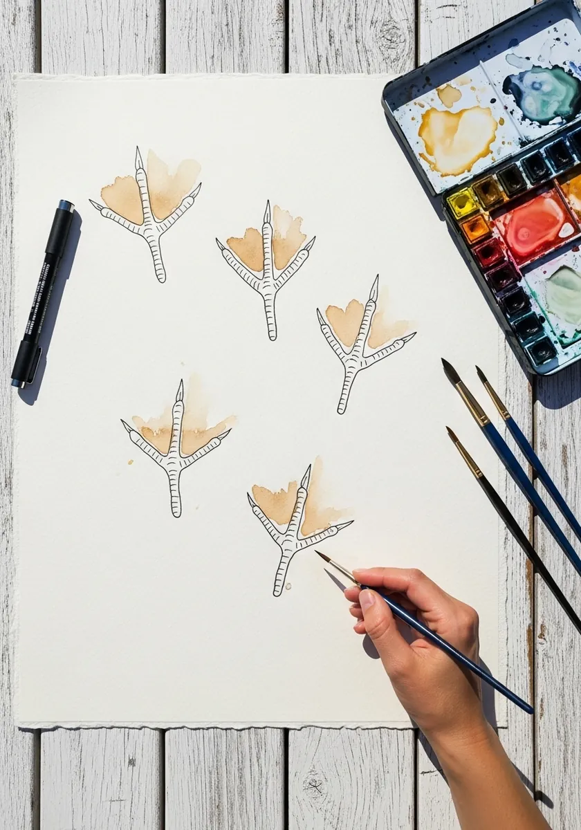 Fine ink bird tracks with soft peach watercolor washes bleeding behind them