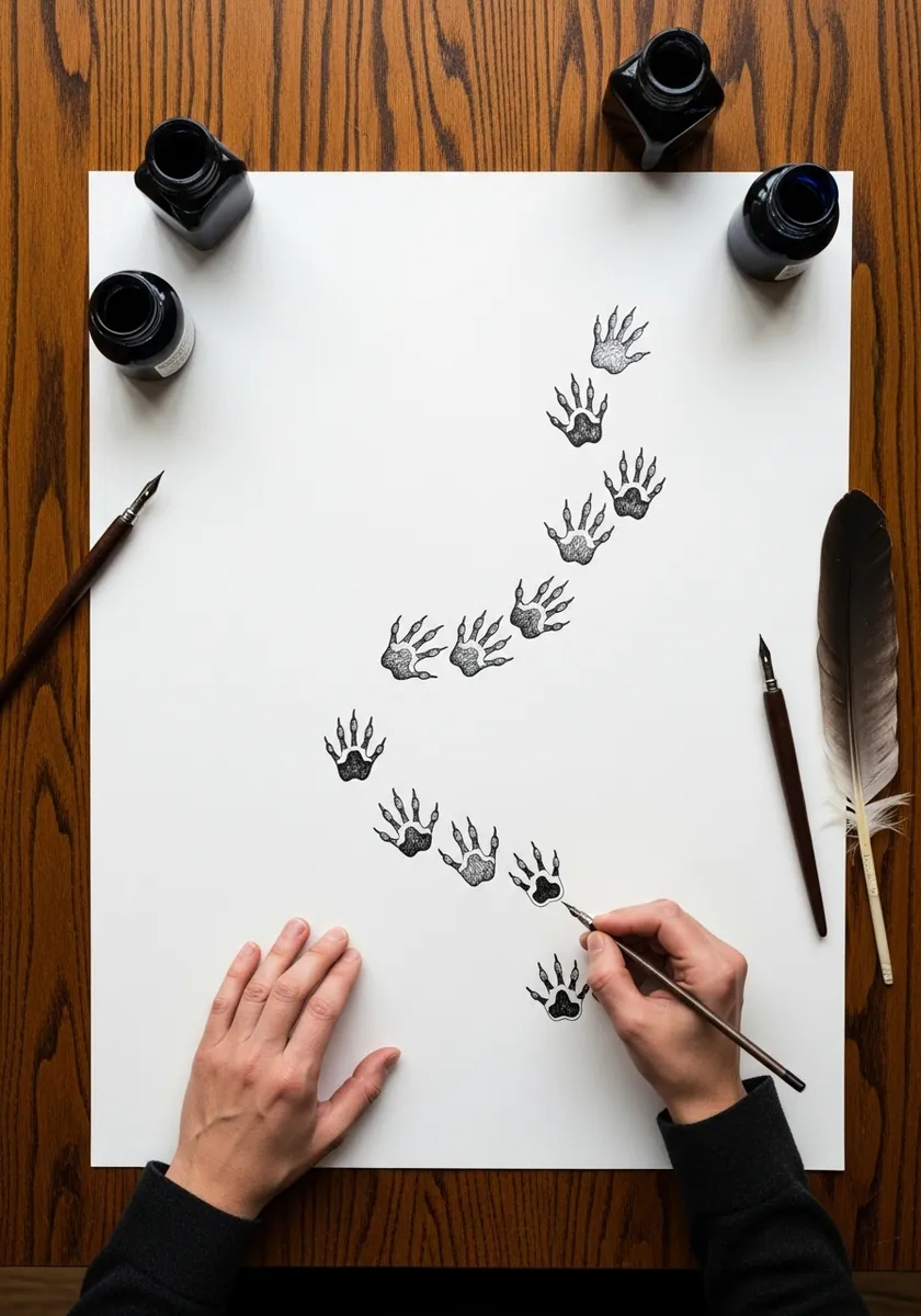 Black ink raccoon tracks resembling small human hands curving across the page