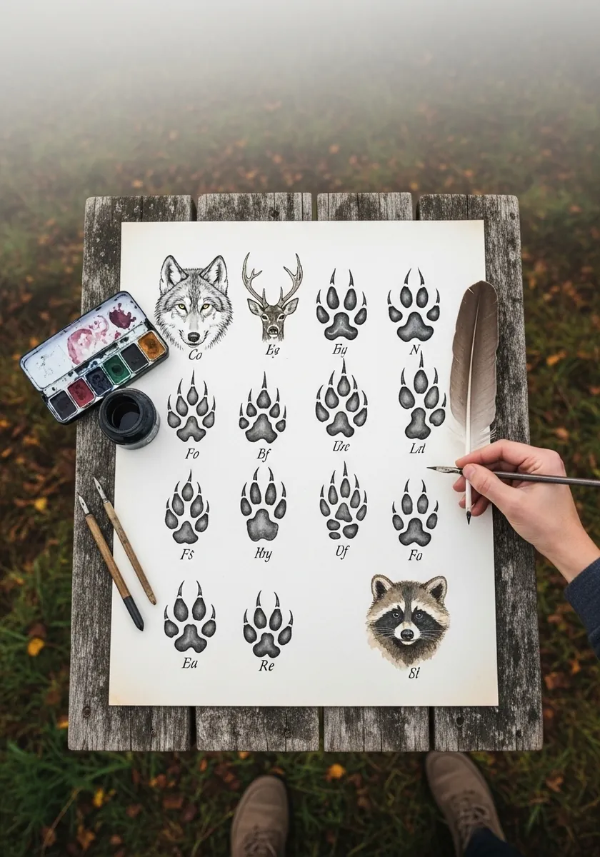 Field guide chart of many labelled animal tracks with wolf deer and raccoon heads