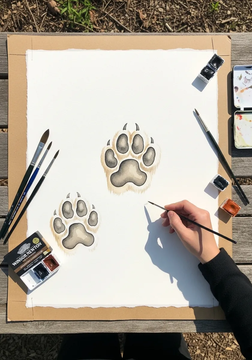 Two large watercolor paw prints with soft brown edges and visible claw marks