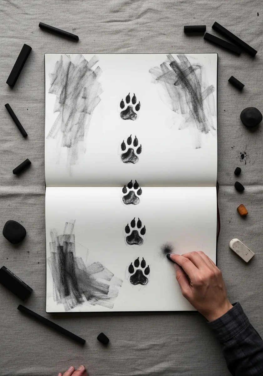 Charcoal sketchbook page of paw prints beside loosely drawn tree trunks