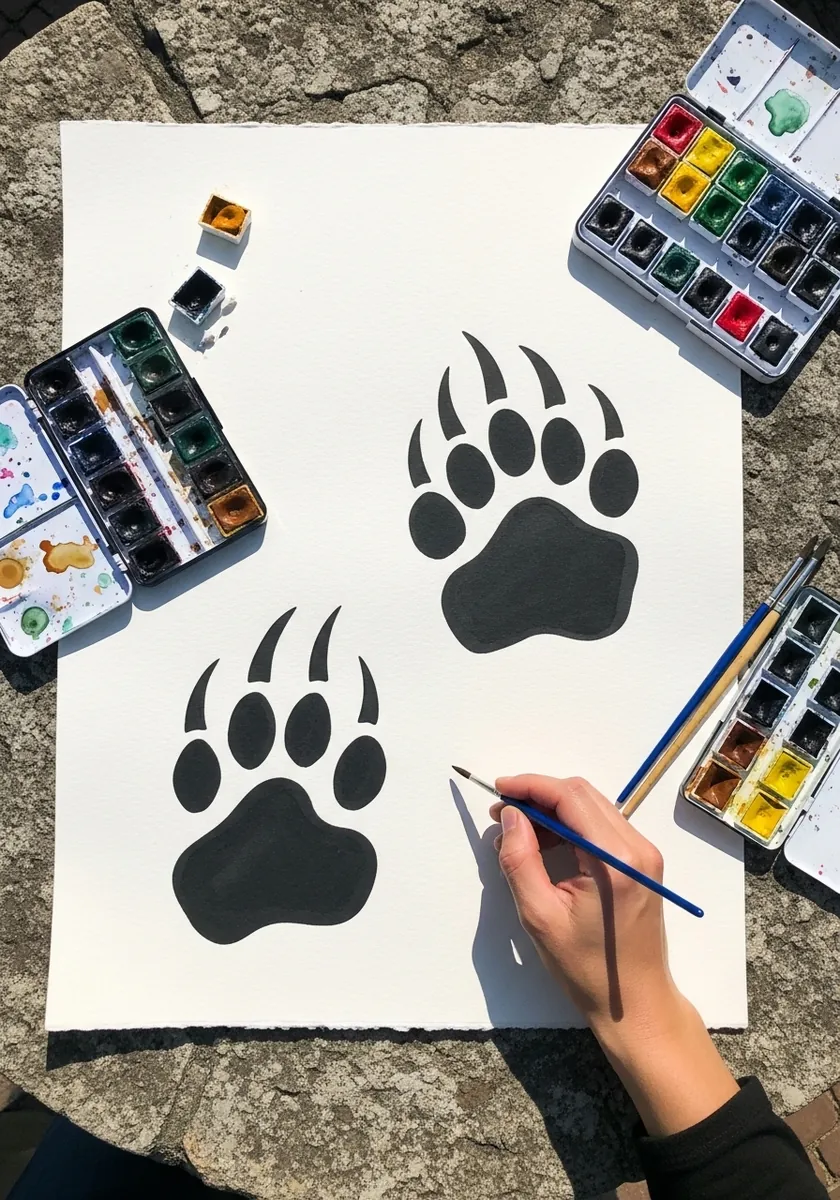 Two bold black bear paw prints with long curved claws on white paper