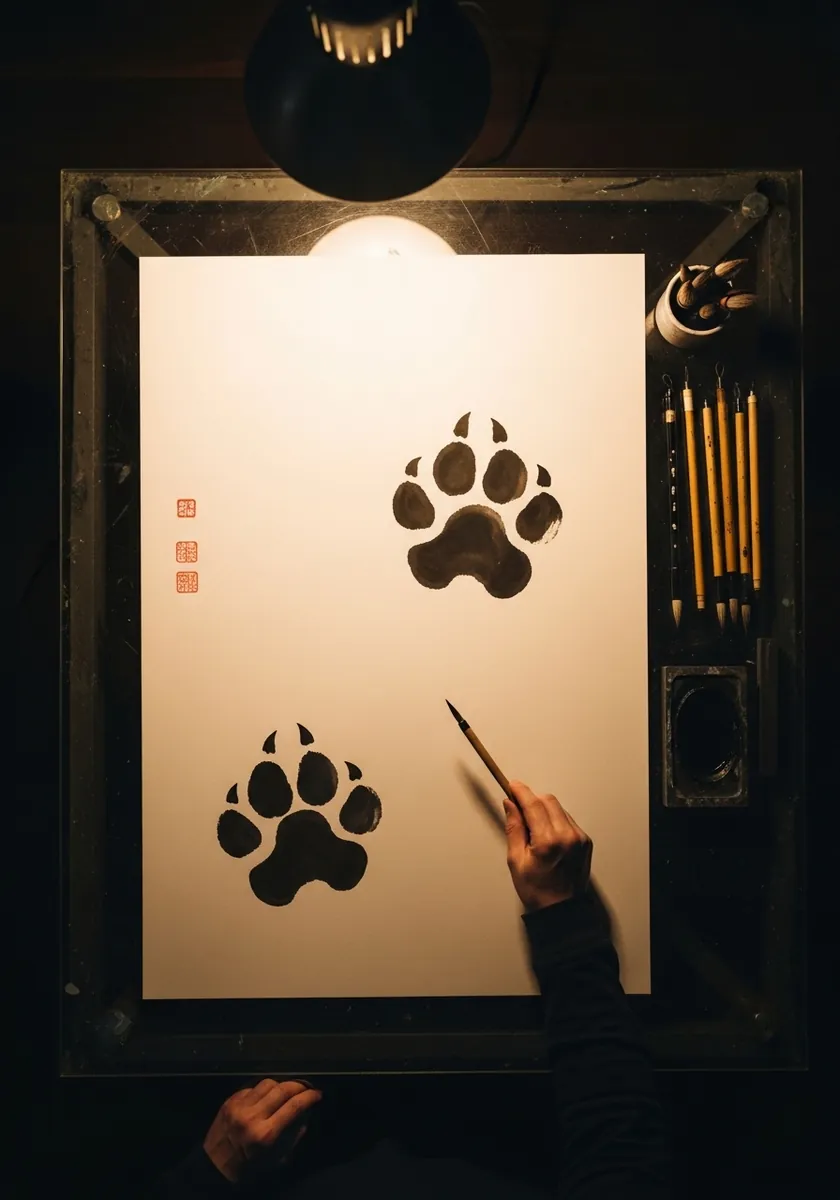 Two dark brown ink paw prints lit warmly on cream paper in a wooden frame