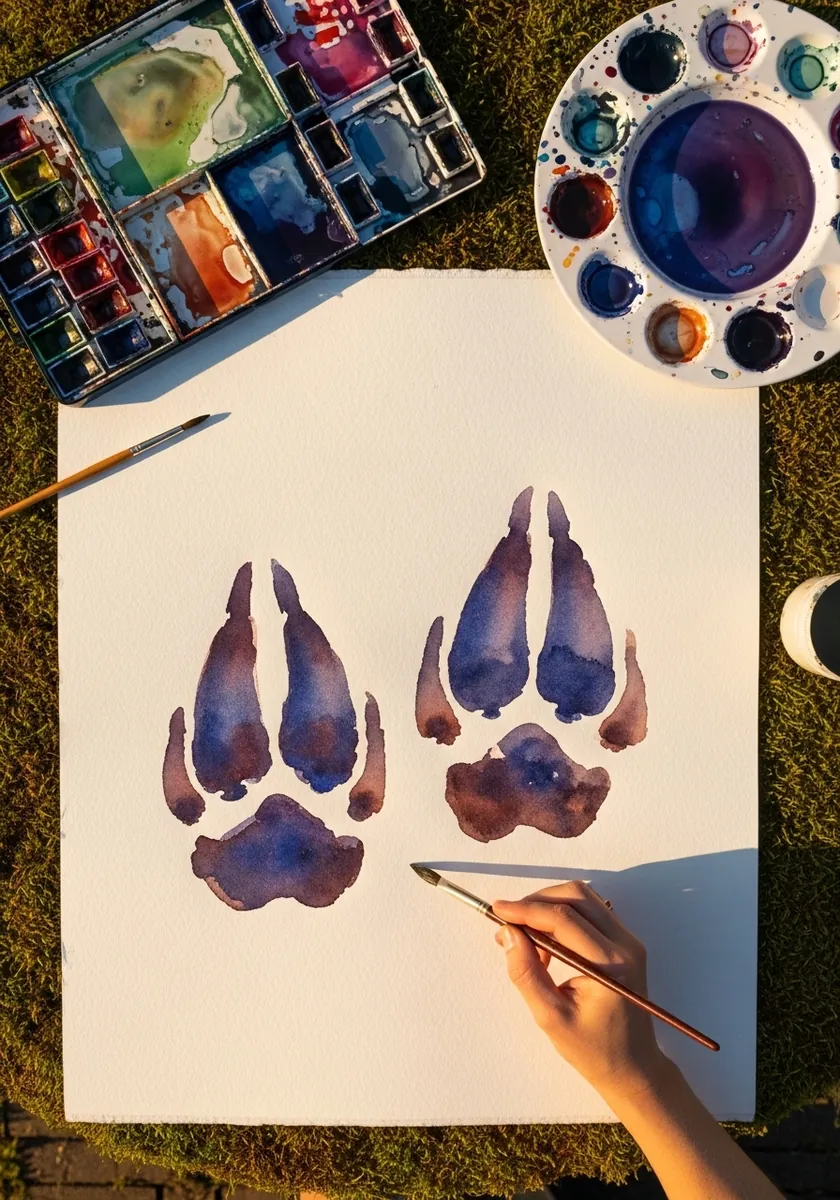 Two deer hoof prints painted in loose purple and blue watercolor washes