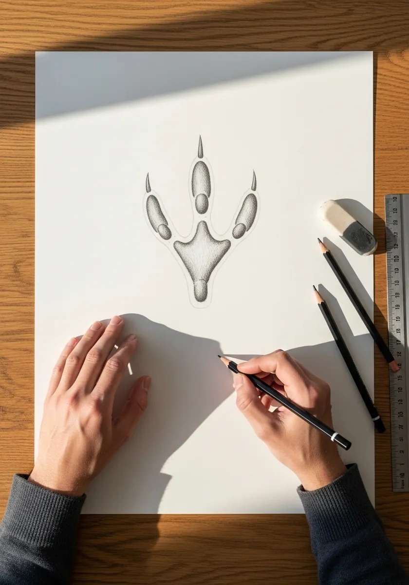 Detailed pencil study of a single three-toed bird foot print on white paper