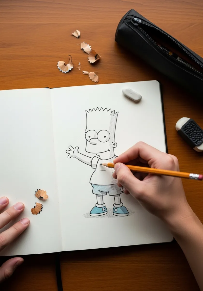 Pencil sketch of Bart Simpson waving in an open lined notebook