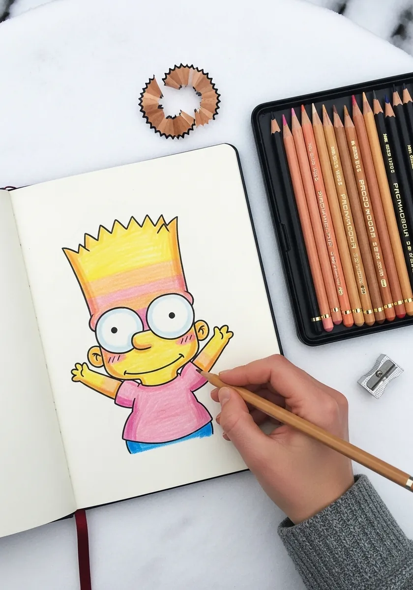 Colored pencil Bart Simpson with arms raised drawn in pink and yellow tones