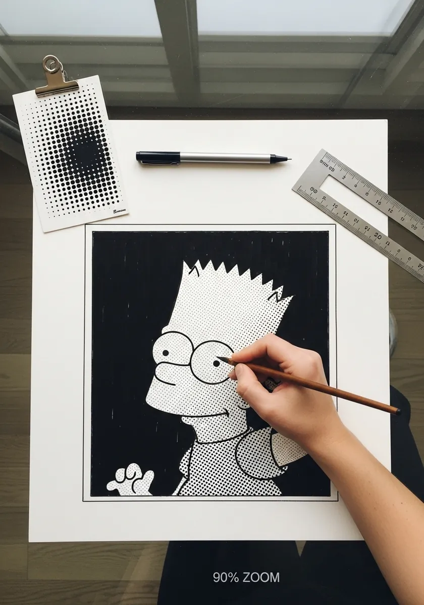 Black and white Bart Simpson rendered entirely in halftone printing dots