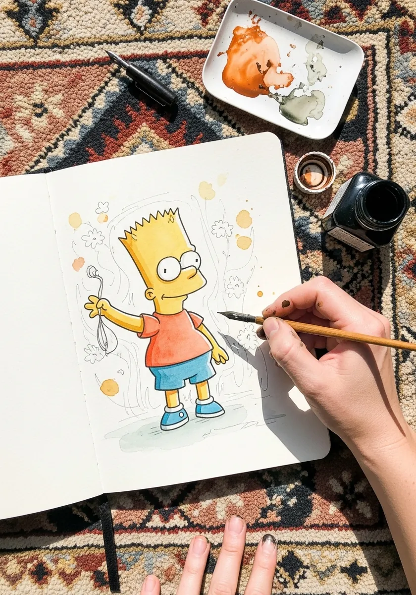 Ink Bart Simpson with loose yellow watercolor accents on a patterned rug
