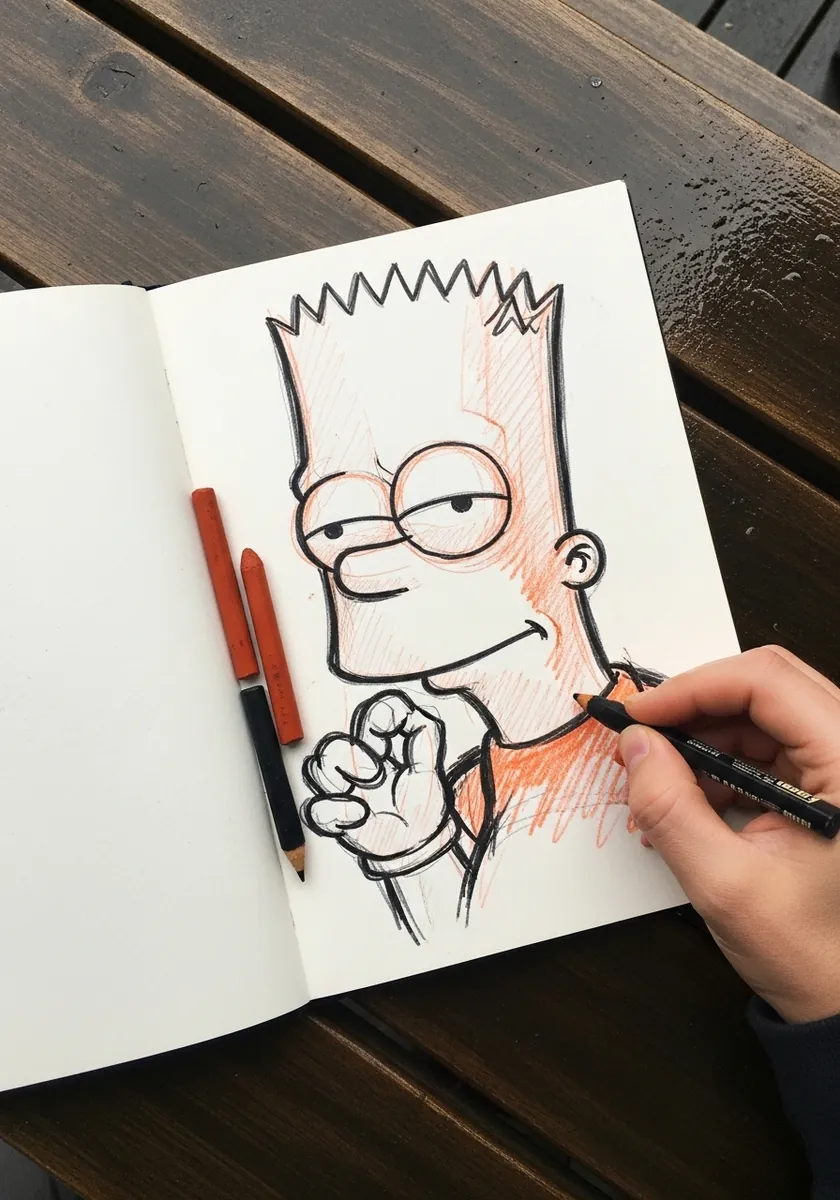 Bart Simpson inked in black over a visible red pencil underdrawing
