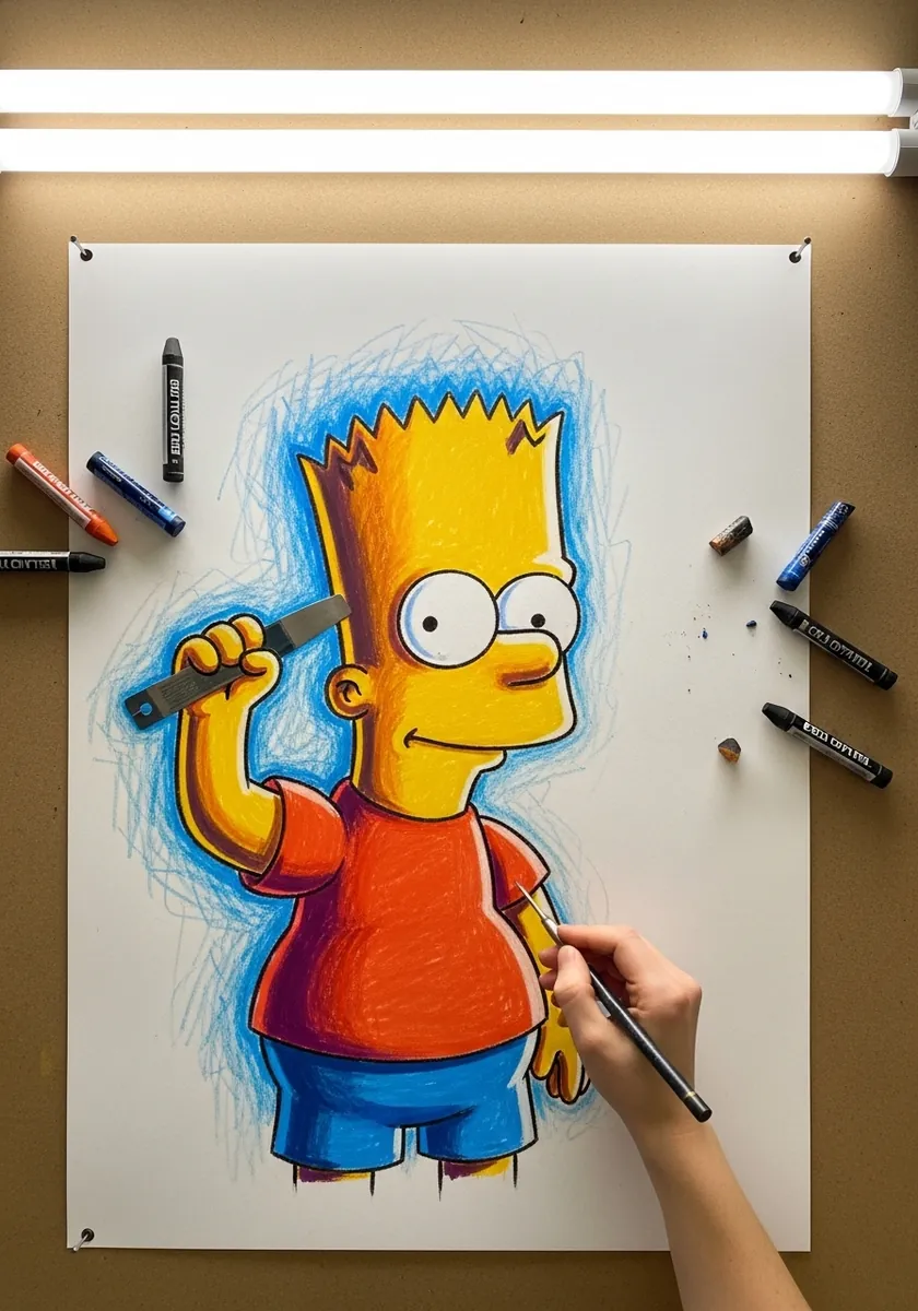 Bart Simpson in thick oil pastel with a scribbled blue textured background