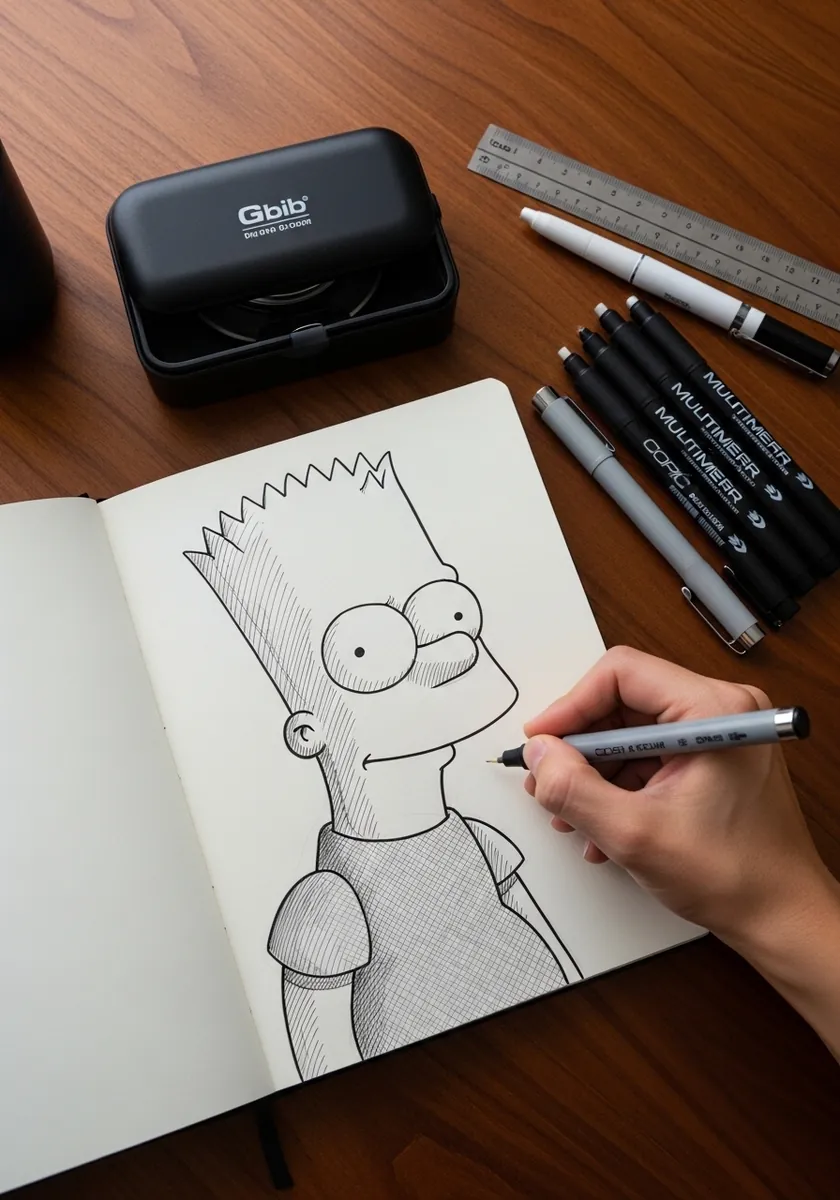 Precise fine liner drawing of Bart Simpson with a set of technical pens