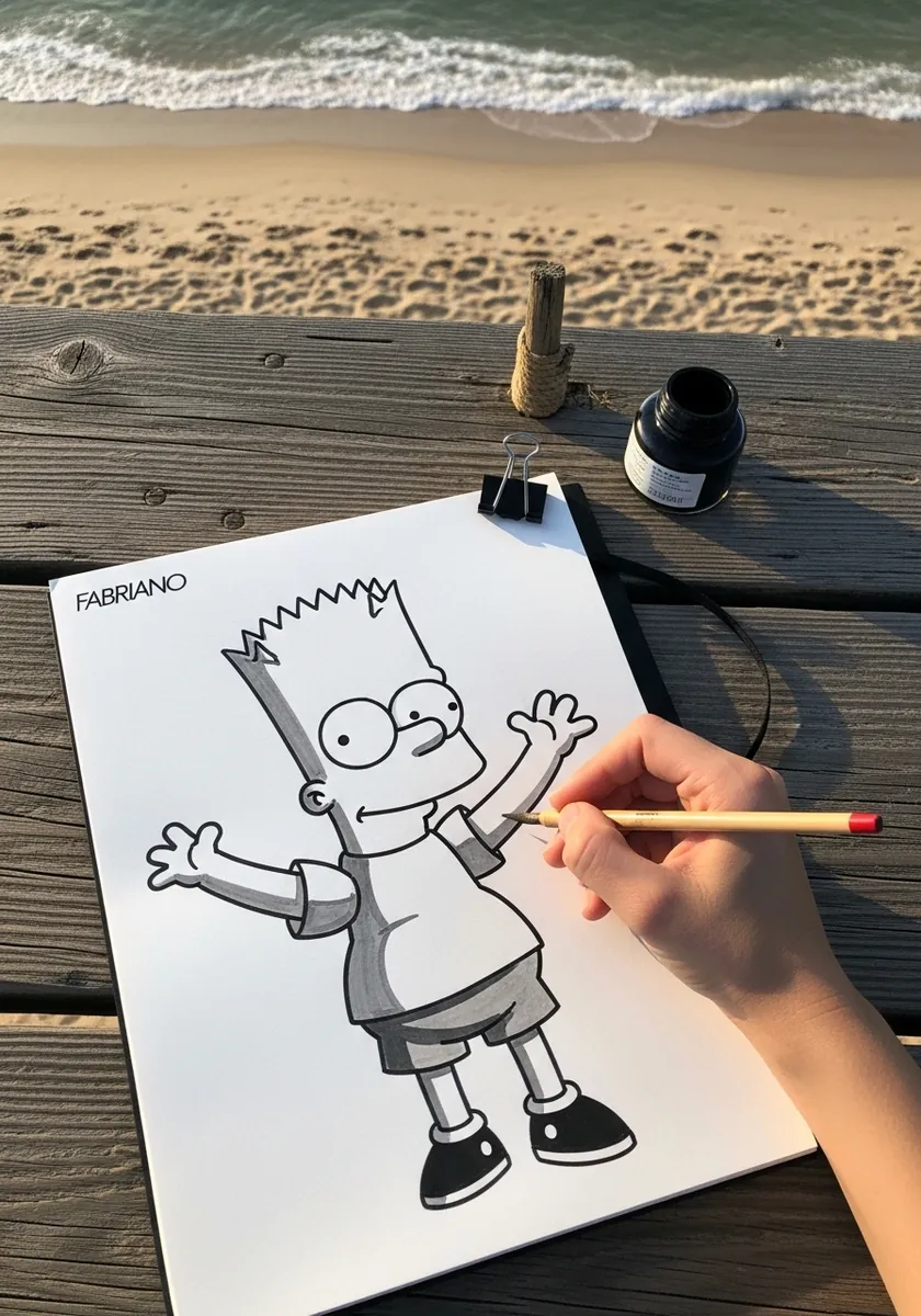Gray and black Bart Simpson sketch on paper clipped to a wooden pier table