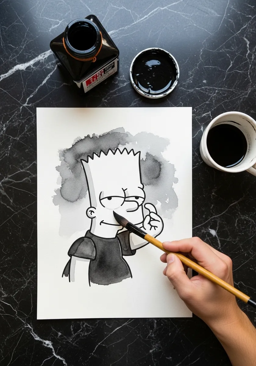 Brush ink Bart Simpson with a soft gray ink wash cloud behind him
