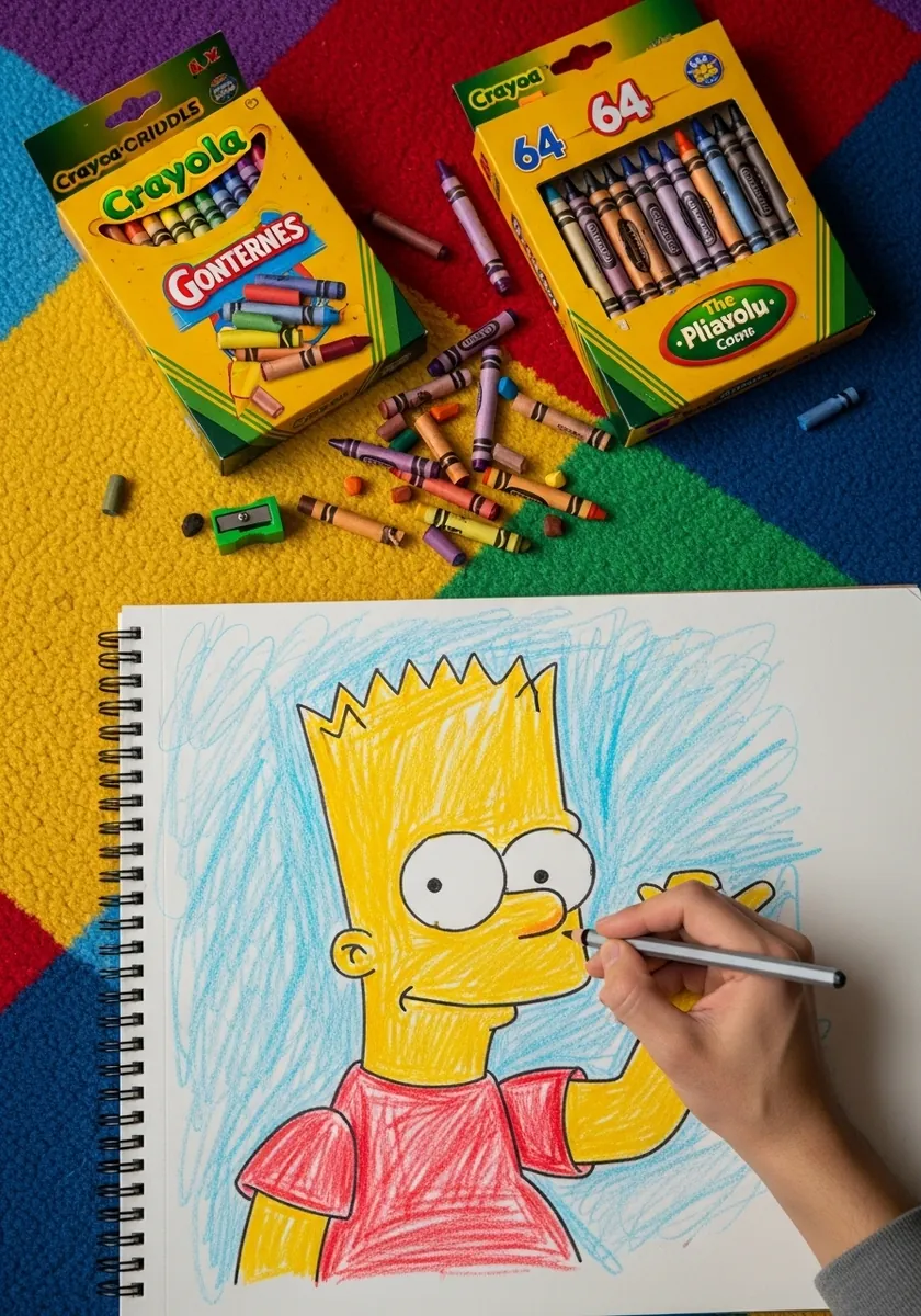 Bart Simpson drawn in bright wax crayon with a scribbled blue background