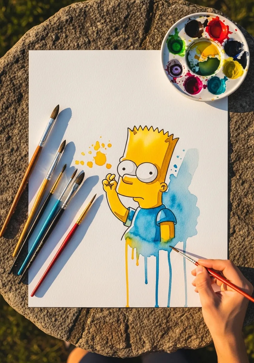 Watercolor Bart Simpson with blue and yellow paint splatters behind him