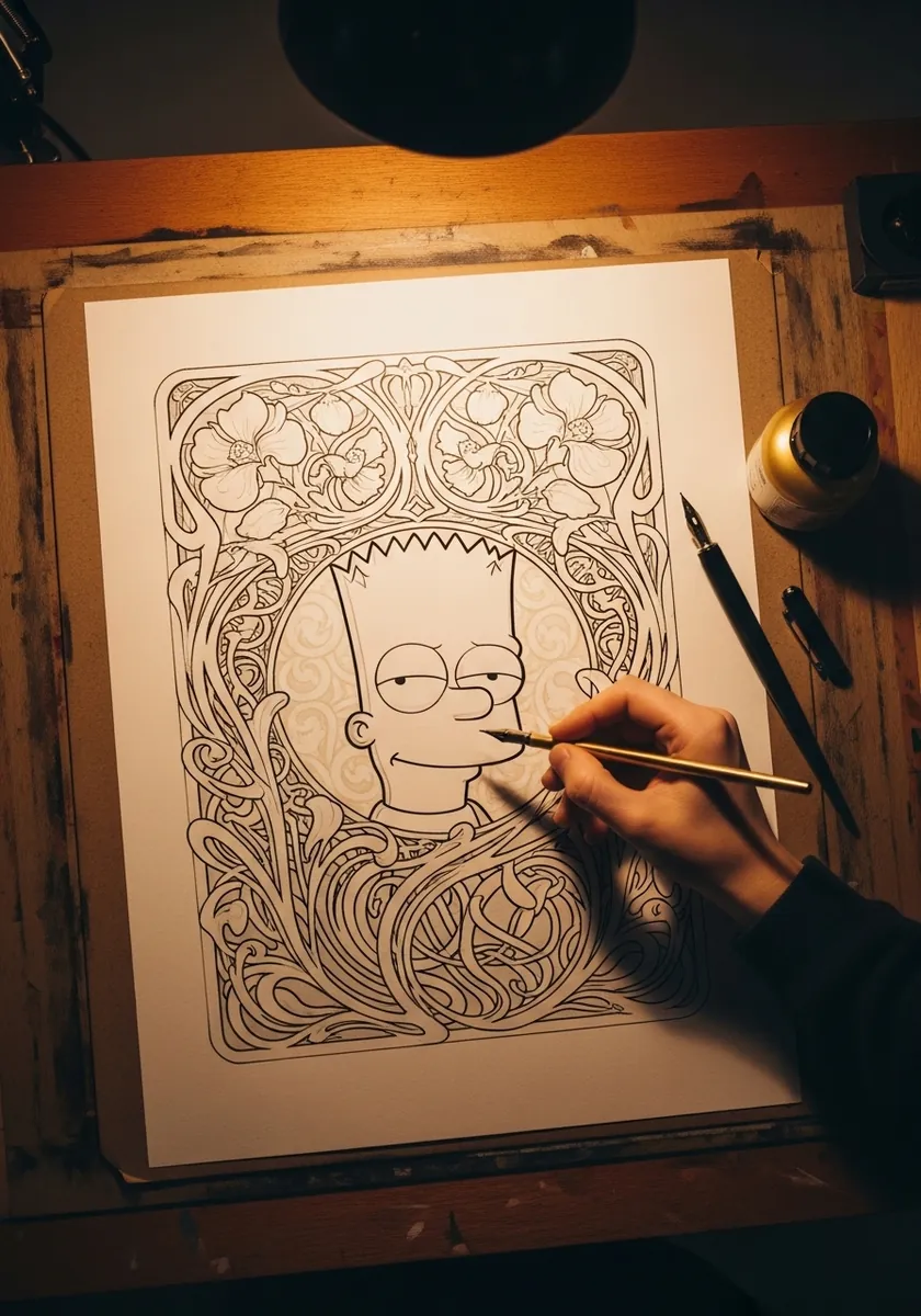 Bart Simpson framed by an ornate art nouveau border of flowing lines and flowers