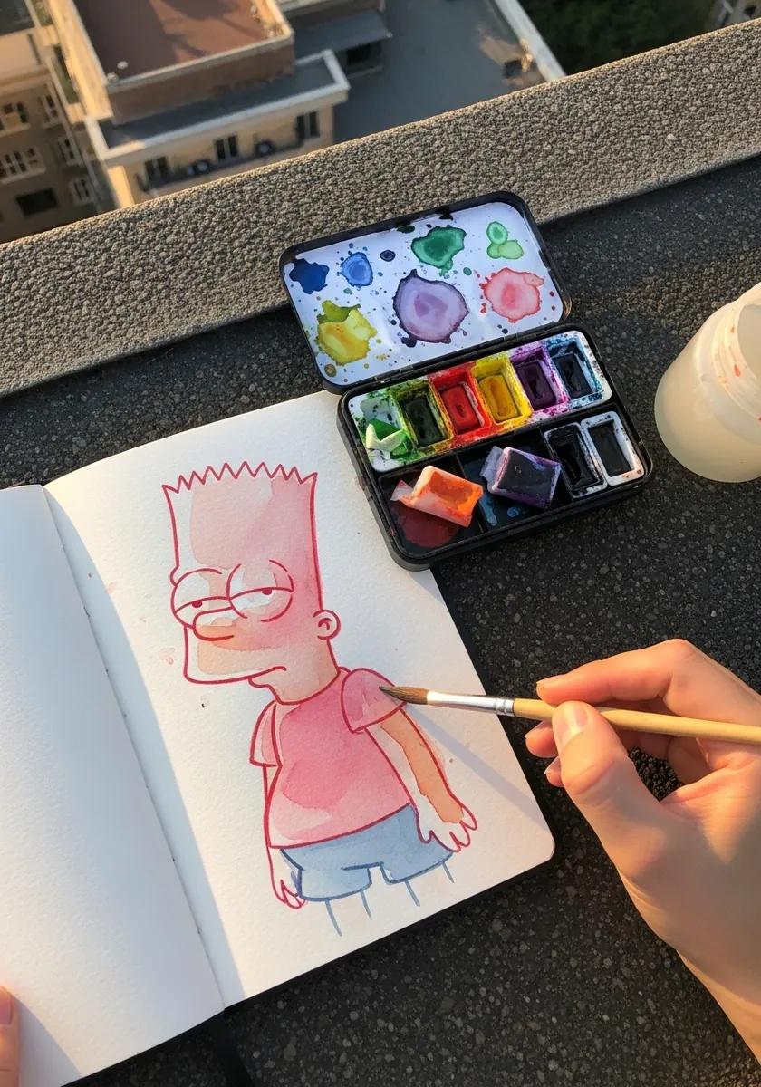 Bart Simpson painted entirely in soft pink watercolor tones on a sketchbook page