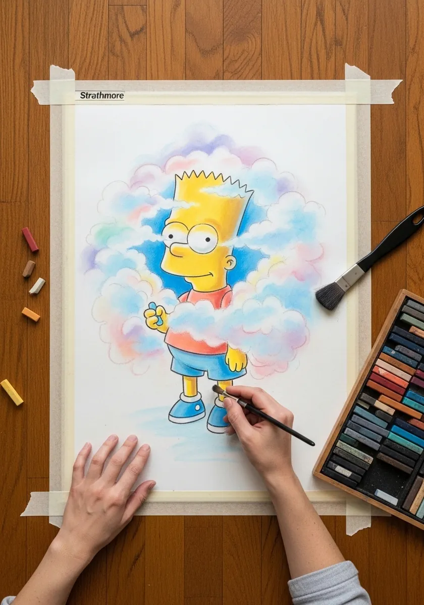 Bart Simpson in colored pencil surrounded by soft pastel pink and blue clouds