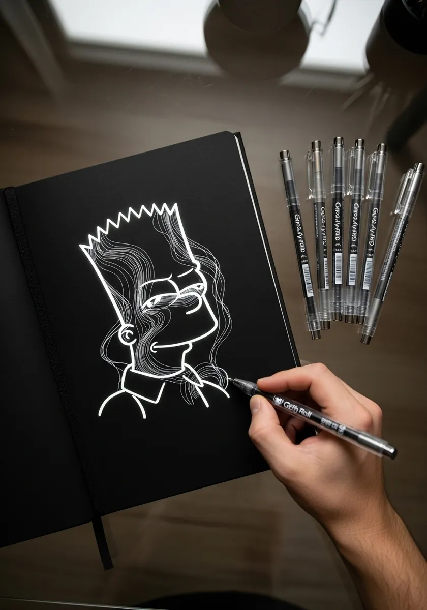 Bart Simpson drawn in flowing white continuous line on a black sketchbook page