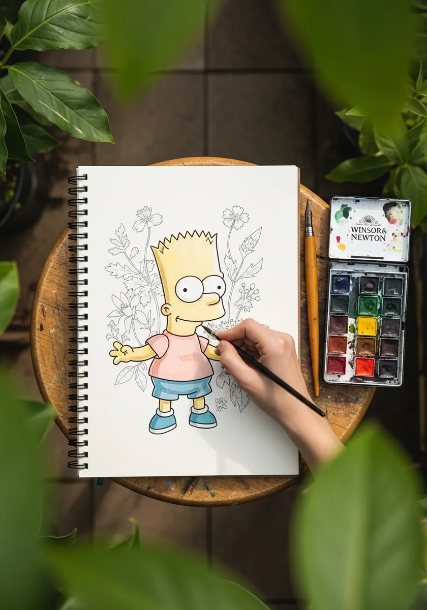 Bart Simpson in color surrounded by delicate uncolored line drawn flowers