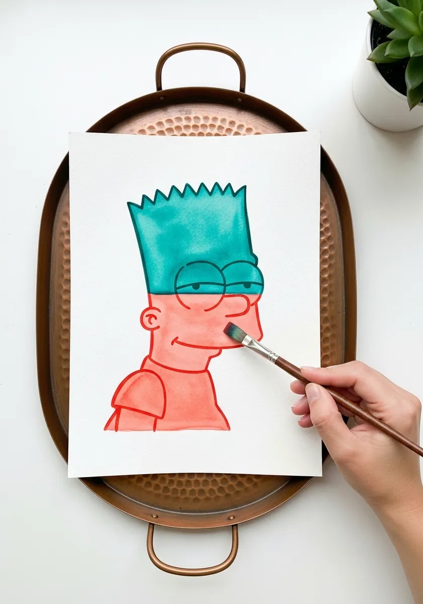 Bart Simpson portrait painted in only teal and coral watercolor
