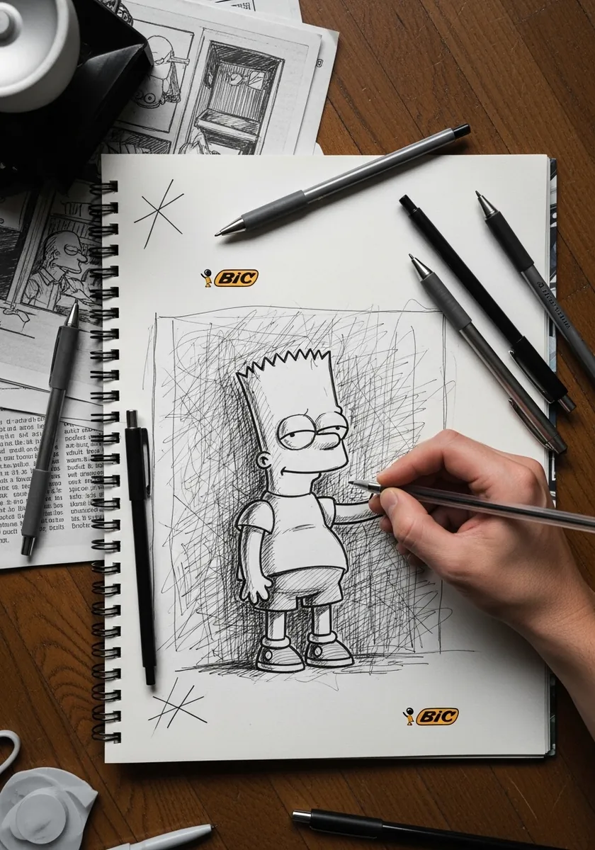 Bart Simpson sketched in blue and black ballpoint pen with scribbled shading