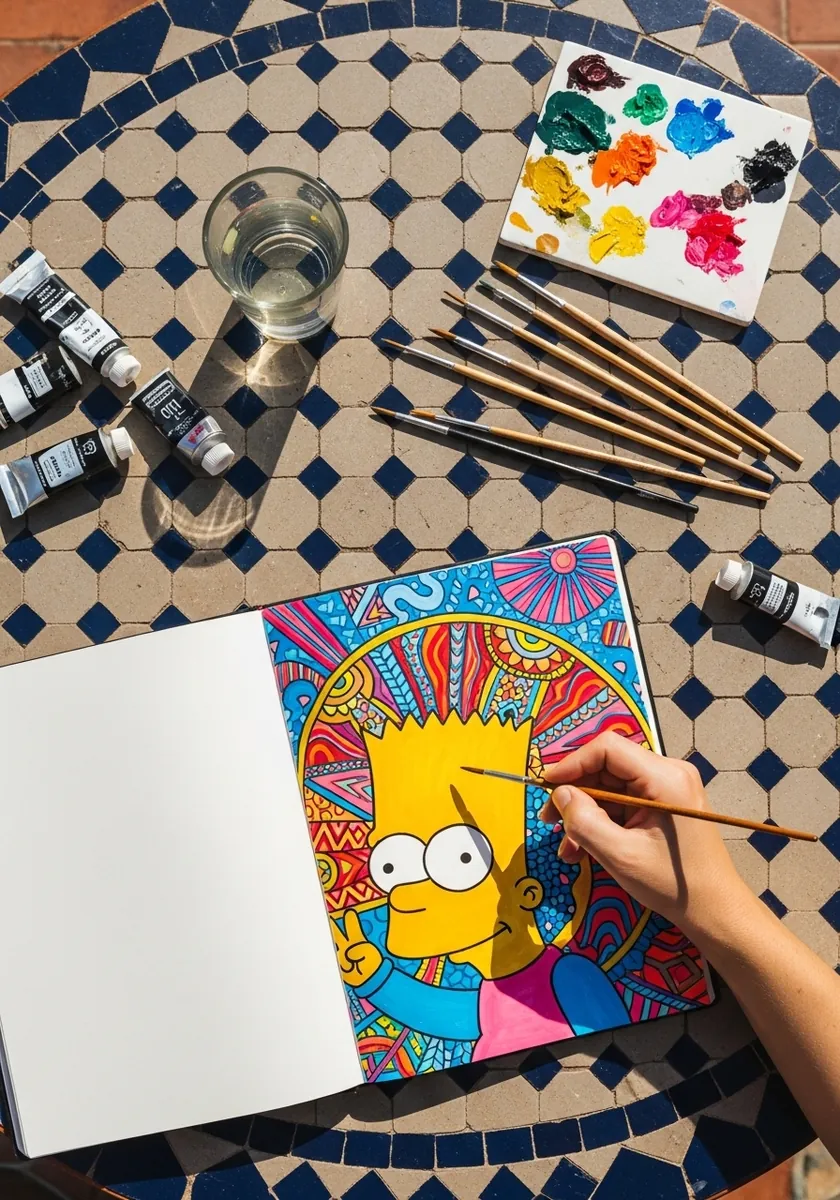 Bart Simpson filled with bright psychedelic patterns in pink blue and yellow