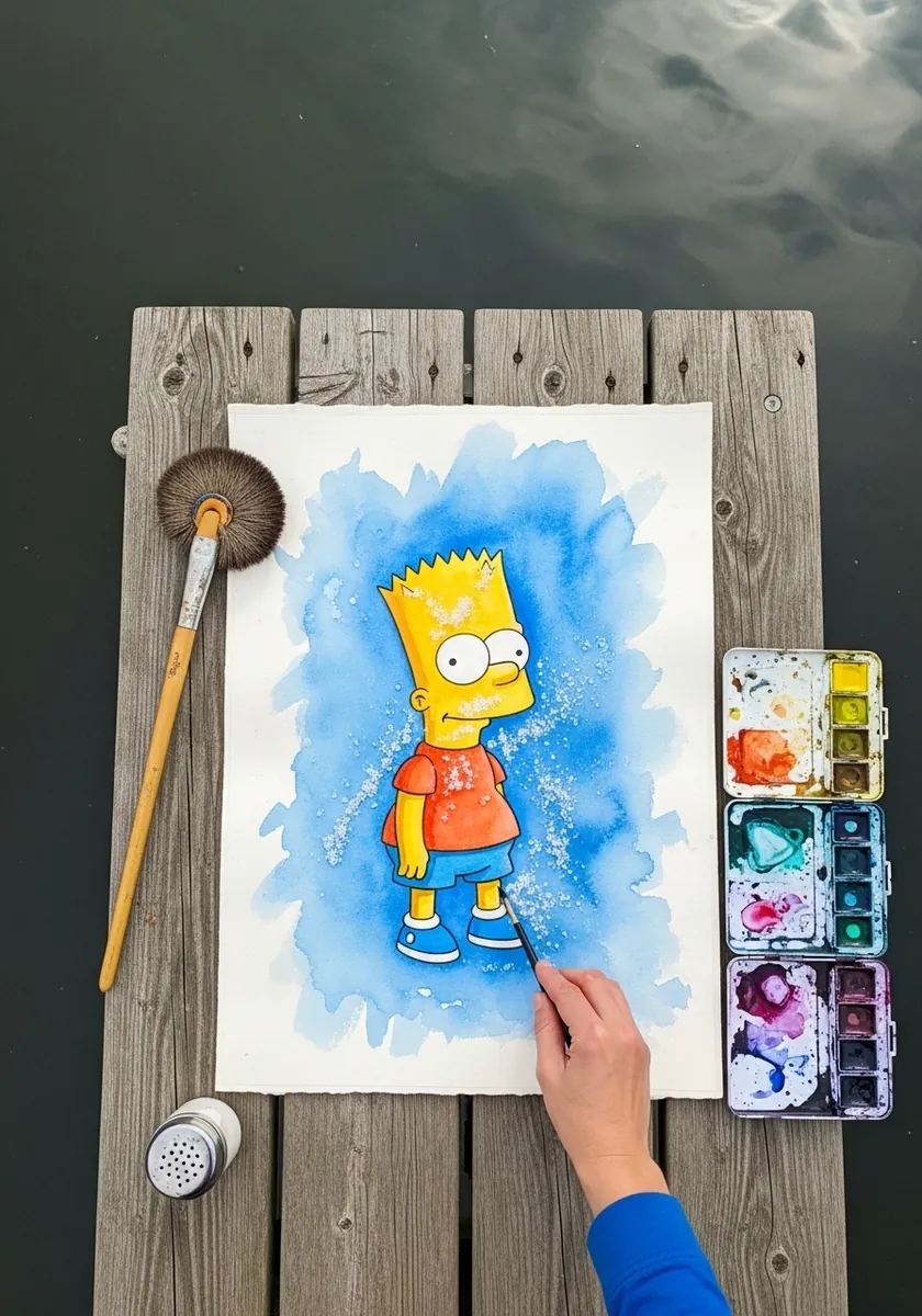 Bart Simpson with a bright blue splashed watercolor halo around him