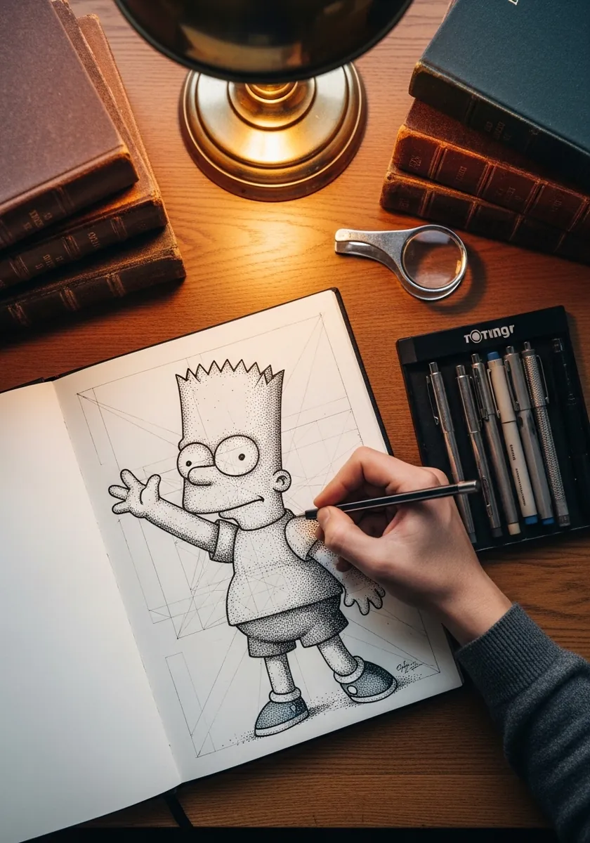 Bart Simpson drawn over a visible pencil construction grid and guidelines