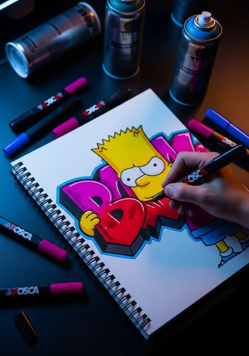 Bart Simpson drawn in graffiti marker style with large pink and blue letters