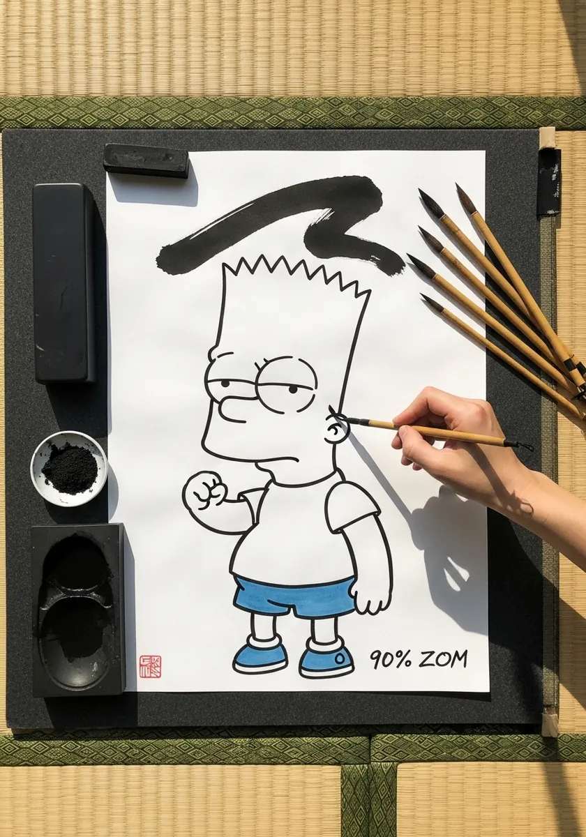 Bart Simpson in black brush ink with a single sweeping stroke above him