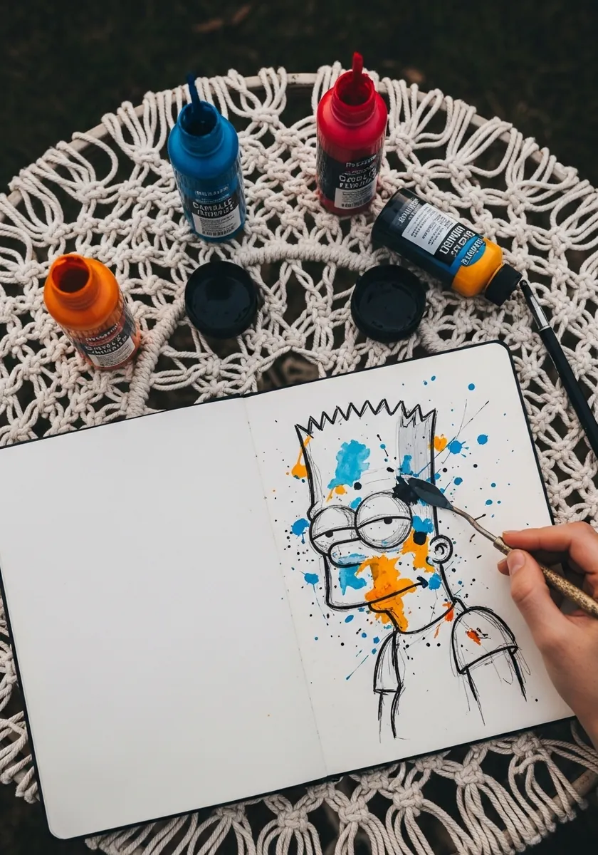 Loose ink Bart Simpson with blue and orange paint splatters across the face