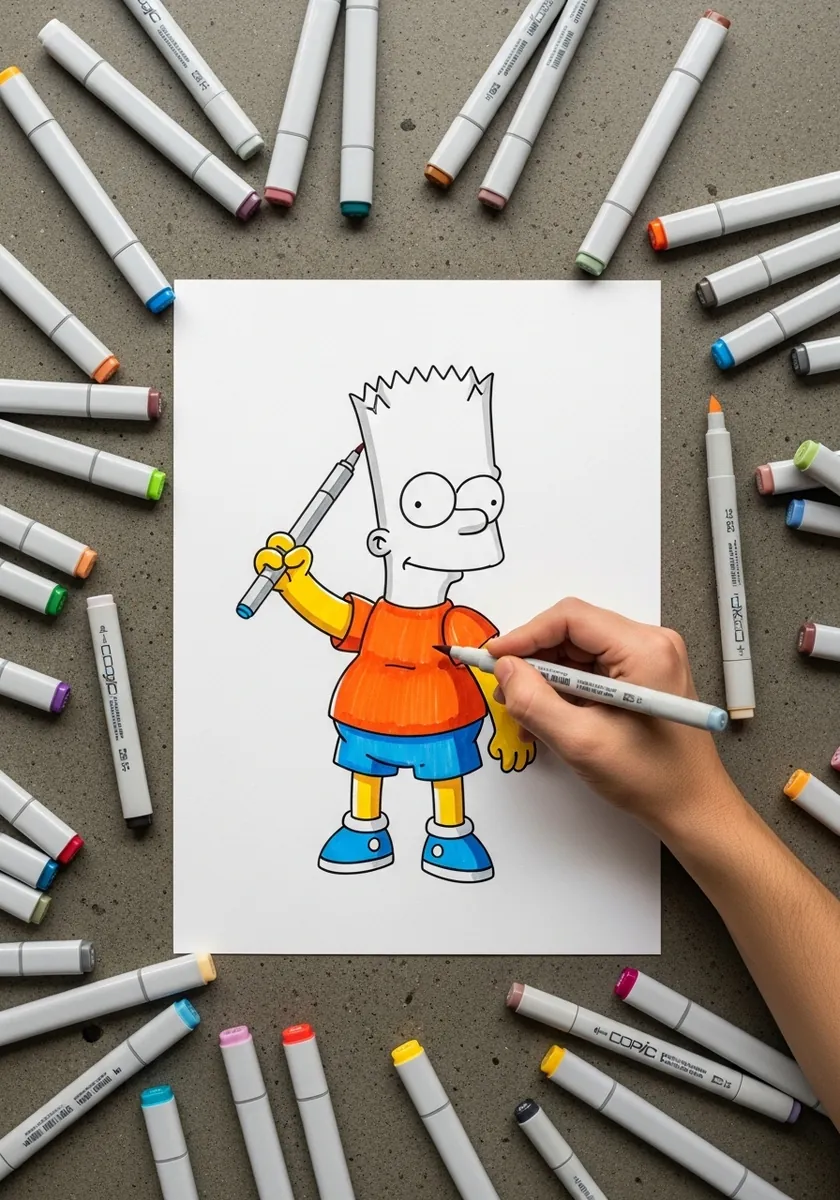 Bart Simpson colored with alcohol markers in orange and blue on smooth paper
