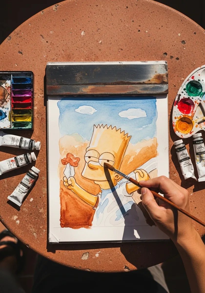 Bart Simpson in warm ochre watercolor against a pale blue cloudy sky