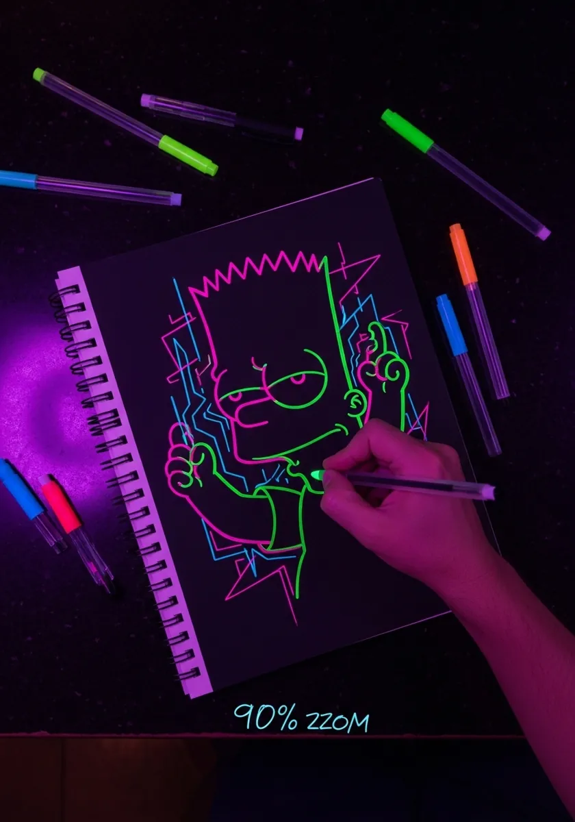 Bart Simpson drawn in bright neon pink green and blue gel pen on black paper