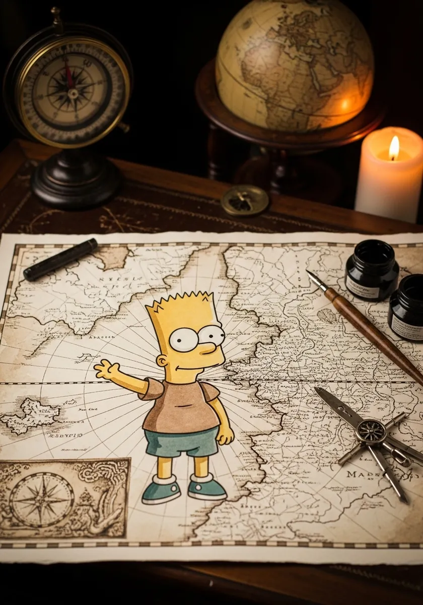 Bart Simpson drawn on an aged parchment map with a compass rose and old ink