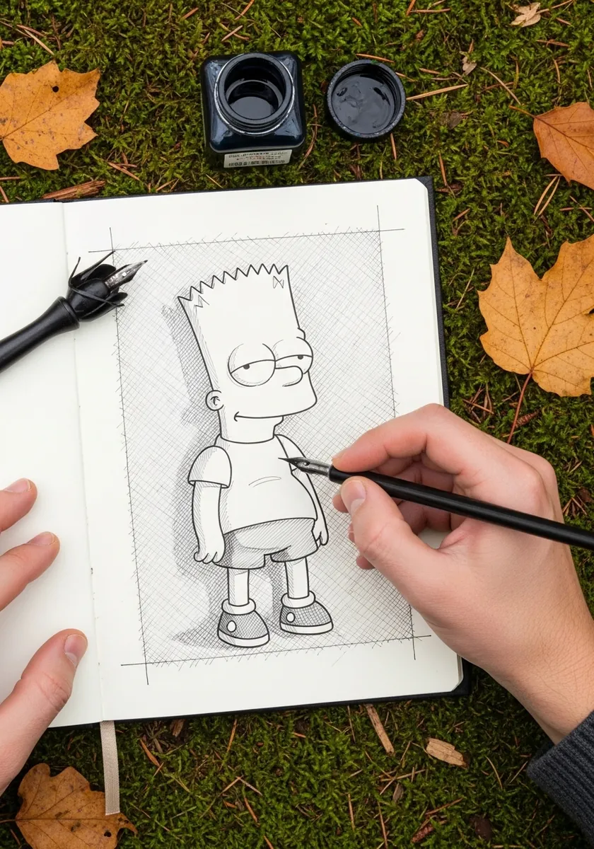 Ink drawing of Bart Simpson with fine cross hatched shading inside a ruled frame